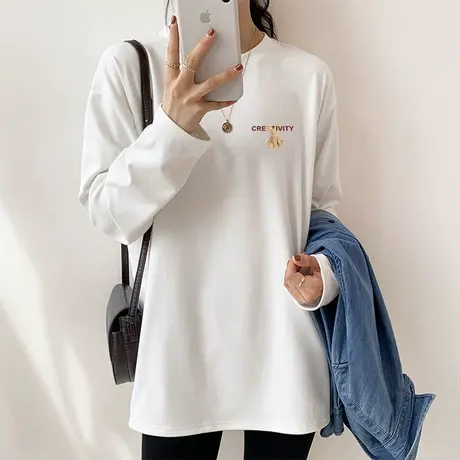 中长款心机开叉长袖磨毛打底衫女2022秋冬宽松显瘦白色上衣T恤潮商品大图