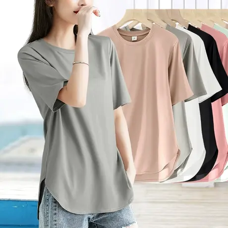 侧开叉半圆弧形下摆宽松短袖t恤女小圆领前后长两边短的上衣薄款商品大图