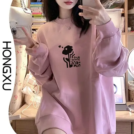 红续冬季粉色加厚保暖女生上衣2023新款宽松显白圆领套头卫衣长袖图片