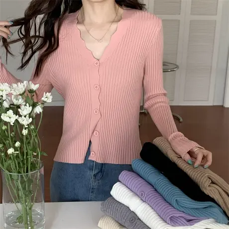 v领针织开衫小外套女秋冬2022年新款薄款长袖羊毛打底衫短款上衣图片