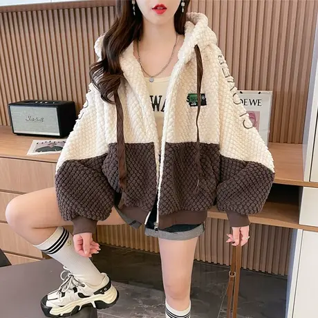 羊羔毛外套女秋冬韩版宽松加绒加厚双面绒撞色小个子连帽卫衣开衫商品大图