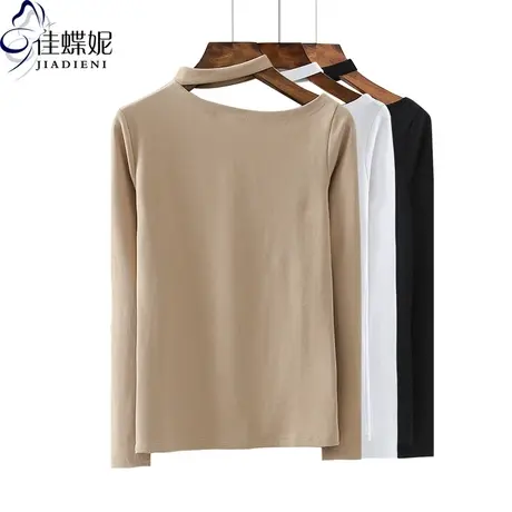 春秋季韩版斜肩领修身纯白显瘦纯色长袖女装体恤上衣内搭打底衫商品大图