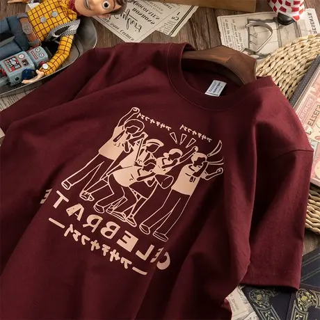 超火cec日系纯棉酒红色t恤女大码休闲遮肚短袖ins潮夏季古着上衣图片