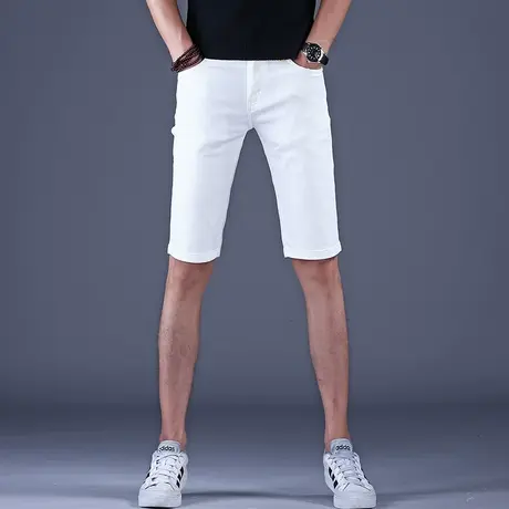男士弹力秋款薄款白色牛仔短裤男款五分裤子修身弹力休闲夏天中裤商品大图