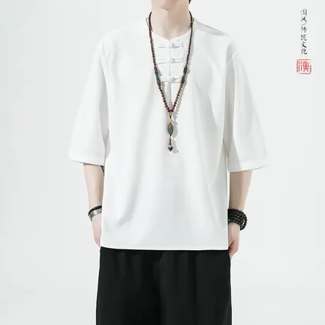 2023新款男短袖T恤中国风盘扣复古加肥加大码胖子衣服打底七分袖商品大图
