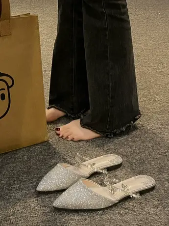 包头半拖鞋女夏外穿2022新款银色尖头水钻平底仙女风法式小跟凉拖商品大图