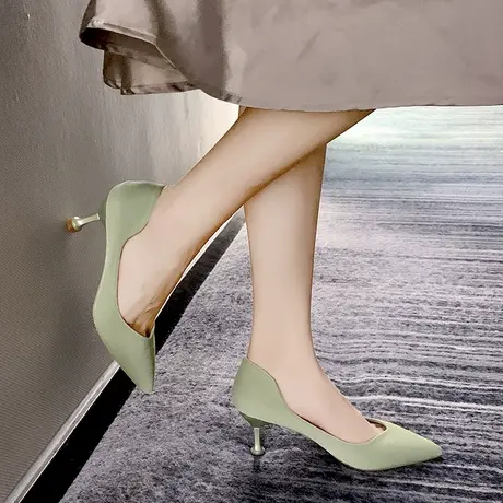 OL尖头浅口女鞋2023夏季新品百搭简约细跟高跟鞋欧美漆皮侧空单鞋商品大图
