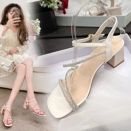 高跟鞋女粗跟2023年新款中跟一字带气质水钻仙女炸街凉鞋夏季网红商品大图