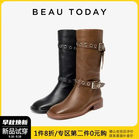 BeauToday骑士靴子女2023新款女复古长靴瘦瘦靴粗跟中筒靴西部靴图片