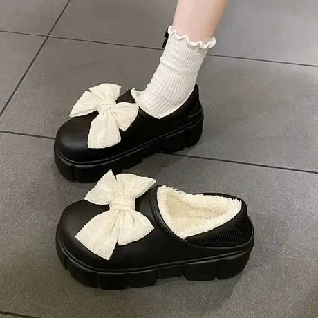 软妹可爱蝴蝶结棉鞋女秋冬季一脚蹬加绒保暖松糕跟厚底玛丽珍女鞋图片