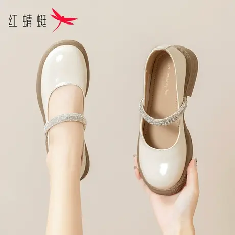 红蜻蜓粗跟玛丽珍鞋女夏季新款法式复古水钻小皮鞋厚底百搭单鞋女商品大图