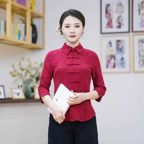 筠雅春秋新款唐装女中国风复古提花盘扣立领改良旗袍上衣 24J118商品大图