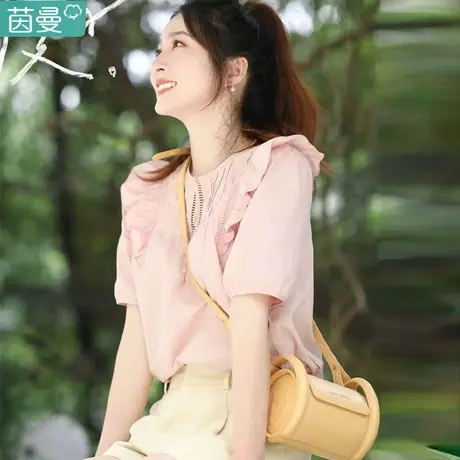 茵曼旗舰店官方官网夏天棉麻上衣品牌白衬衫女款短袖纯棉衬衣小衫商品大图