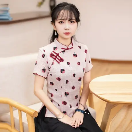 筠雅唐装女中国风改良旗袍上衣夏季短袖波点复古时尚中式盘扣茶服商品大图