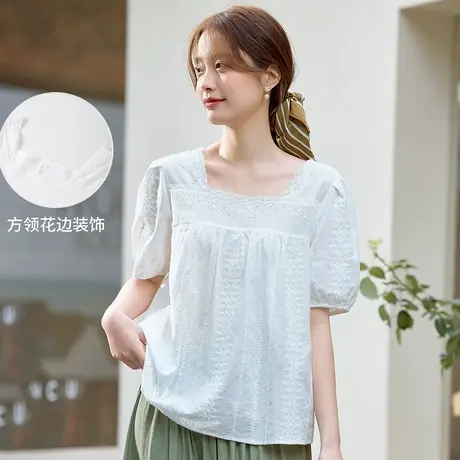 茵曼2023年夏季新款花边方领短泡泡袖短袖衬衫图片