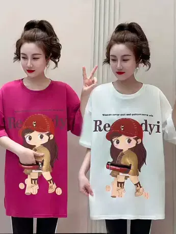 爆款卡通女孩印花圆领短袖女2023夏季新款中长款休闲百搭半袖上衣商品大图