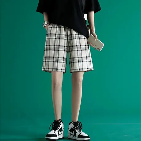 2023新款格子五分运动短裤女夏季薄款宽松休闲直筒港味潮ins中裤图片
