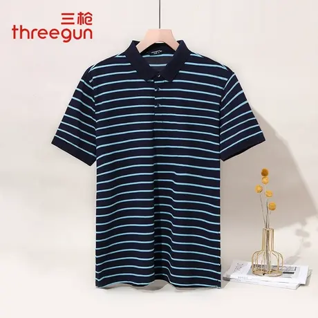 三枪POLO衫男士夏季新品丝柔棉条纹翻领短袖男衫商务修身半袖T恤商品大图