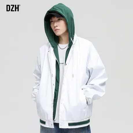 男士白色假两件外套男春秋季加厚连帽夹克美式复古男装2023年新款商品大图
