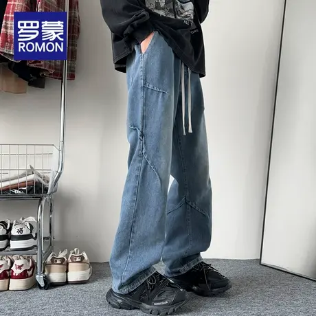 罗蒙美式潮流牛仔裤男生复古水洗做旧宽松直筒裤港风拖地阔腿裤子图片