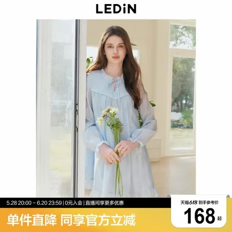 乐町韩系A字裙25年春季新款女装蓝色碎花长袖裙气质花边领娃娃裙商品大图