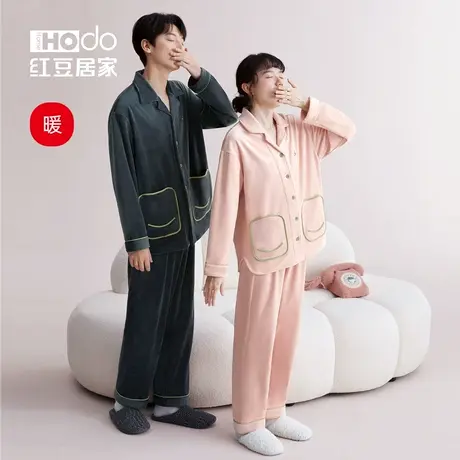 红豆情侣抗静电睡衣海岛绒秋冬男女珊瑚绒加绒加厚保暖家居服套装商品大图