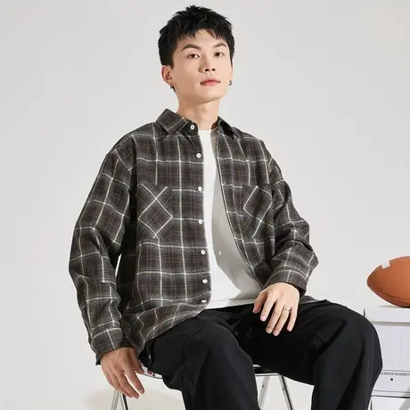 唐狮长袖衬衫男秋季新款格子翻领双口袋工装衬衣青少年外套潮图片