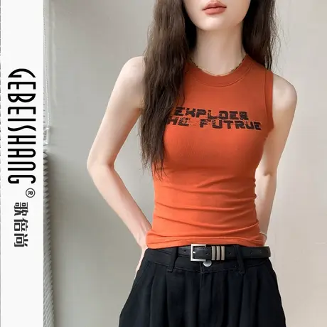 歌倍尚圆领无袖背心女2025夏季新款字母印花T恤辣妹设计感上衣潮商品大图