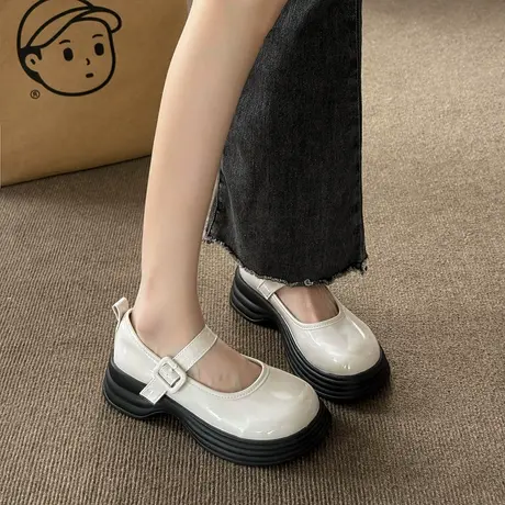 黑色英伦学院玛丽珍鞋女2023年新款春秋厚底增高圆头小个子小皮鞋商品大图