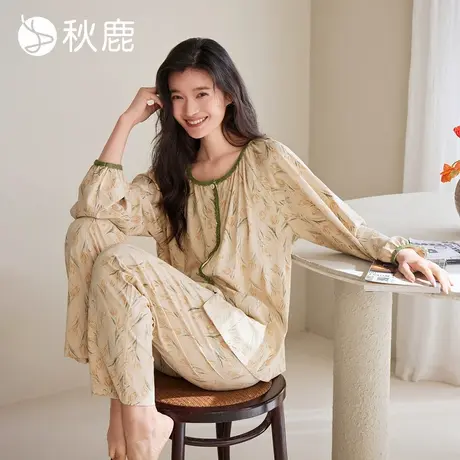 秋鹿针织纯棉裸感亲肤睡衣女2025春夏新款森系印花长袖家居服套装商品大图