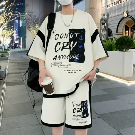 嘻哈休闲运动套装男士夏季帅气宽松大码短裤短袖t恤青少年两件套商品大图