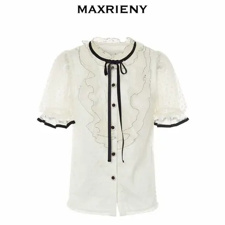 【奥莱】MAXRIENY宫廷复古风荷叶边波点蕾丝雪纺衫夏日网纱上衣女图片