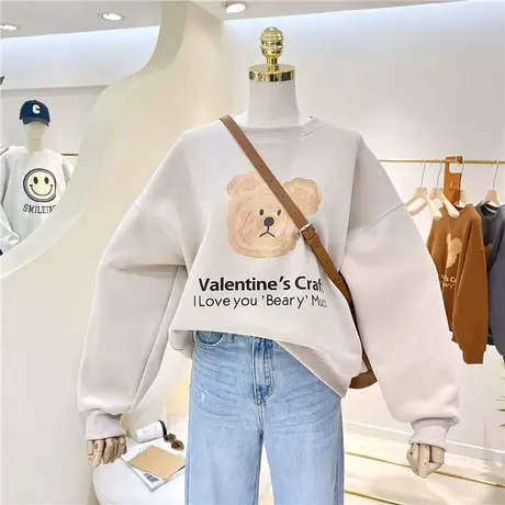加绒加厚保暖舒适卡通小熊印花宽松显瘦韩版圆领套头卫衣女单穿潮图片