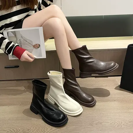 马丁靴女2023年新款春夏季气质英伦风百搭粗跟中跟短靴旅游瘦瘦靴图片