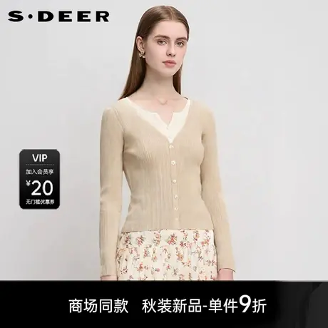 【商场同款】sdeer圣迪奥女OL风V领撞色拼接开衫针织衫S25383515图片