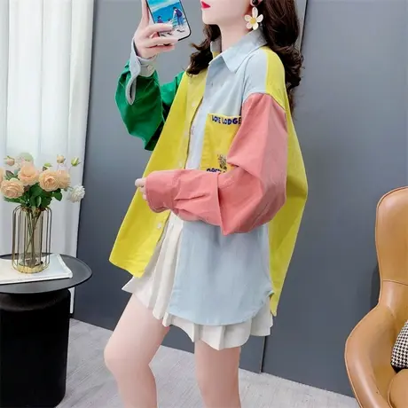 复古洋气拼色灯芯绒衬衫女秋季2024新款宽松减龄别致长袖外套上衣图片
