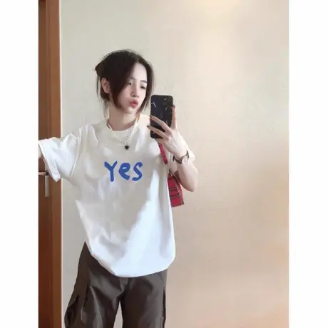 白色纯棉短袖t恤女夏季2025新款设计感小众落肩宽松百搭半袖上衣商品大图