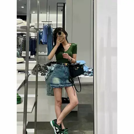 韩版小个子修身v领短款垫肩上衣高级感短袖t恤女2023新款夏季商品大图