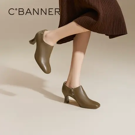 千百度秋季新品深口单鞋羊皮静音及踝靴时装靴法式优雅女短靴粗跟图片
