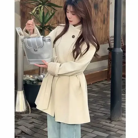 休闲收腰风衣外套女中长款春秋季新款韩版宽松系带显瘦小个子大衣商品大图