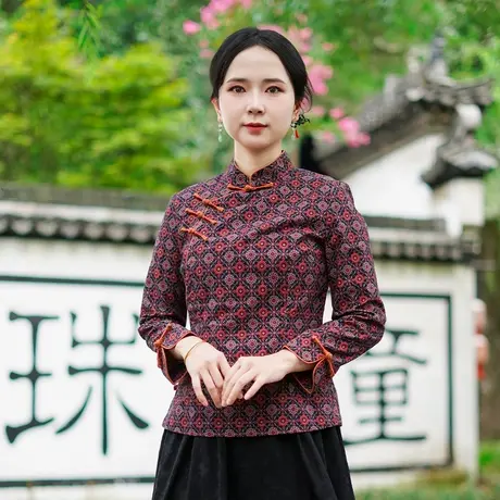 筠雅新款收腰显瘦气质唐装上衣女中式改良复古女士斜襟长袖25J187图片