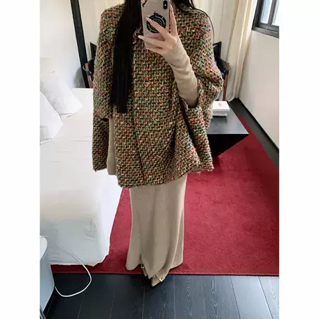 爵莱菲大码胖mm秋冬新款小众羊毛编织混纺 粗花呢斗篷外套女商品大图
