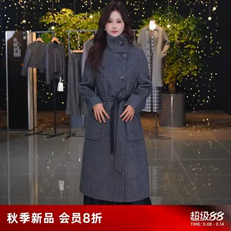 歌莉娅冬季新品羊毛羊绒复古人字纹双面呢大衣配腰带1ECC6N2B0商品大图