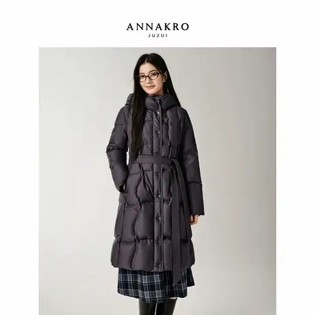玖姿安娜蔻棋盘格肌理连帽收腰中长款鹅绒羽绒服女2025冬季新款商品大图