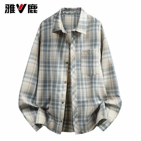 雅鹿2026春季新款宽松开衫男翻领长袖格子衬衫男舒适透气港风衬衣图片
