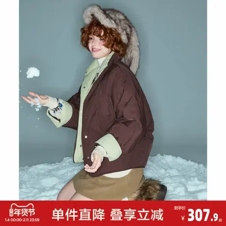 唐狮2026冬季新款短款羽绒服女撞色灯芯绒拼接蝙蝠袖立领防寒保暖图片