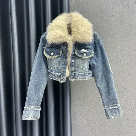 欧货小众磨破上衣2023秋季新款蓝色毛领设计感时尚百搭牛仔外套女图片