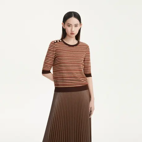 LANCY/悦朗姿 秋季新款羊毛短袖套头针织衫女高级感条纹针织商品大图