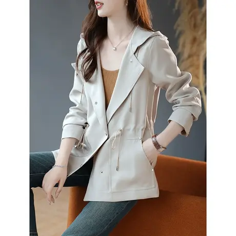宝诗黎连帽抽绳收腰纯色外套2023春秋季新款单排扣开衫上衣女宽松图片