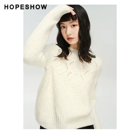 红袖outlets文艺复古镂空针织衫hopeshow2023冬款宽松套头毛衣女商品大图